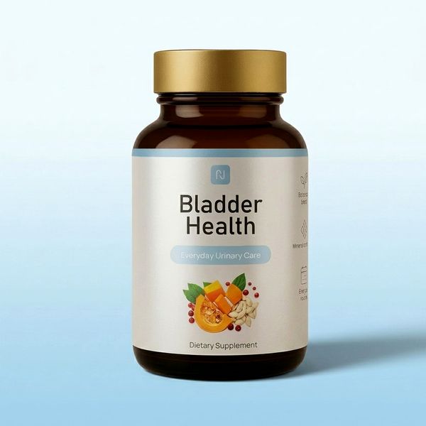 Hnedá sklenená dóza Bladder Health so zlatým viečkom a etiketou s tekvicou, semienkami a brusnicami na svetlomodrom pozadí