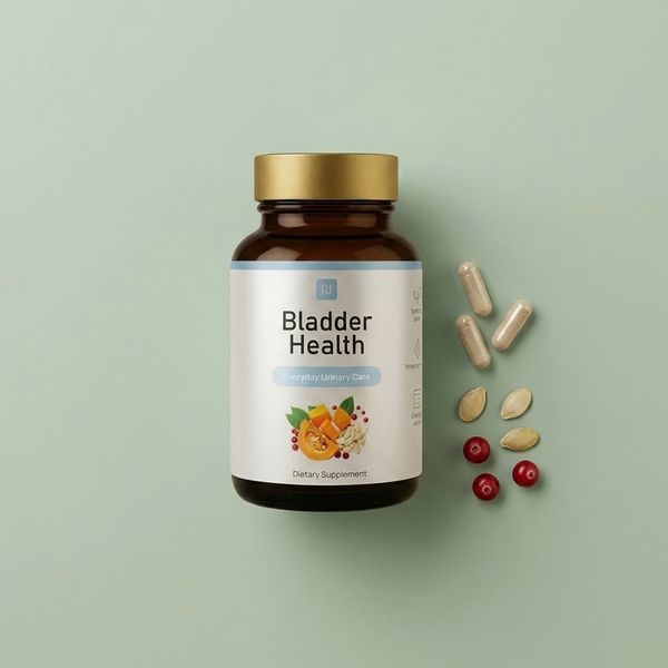 Dóza Bladder Health položená na šalviovozelenom podklade, vedľa nej tri béžové kapsuly, tekvicové semienka a brusnice
