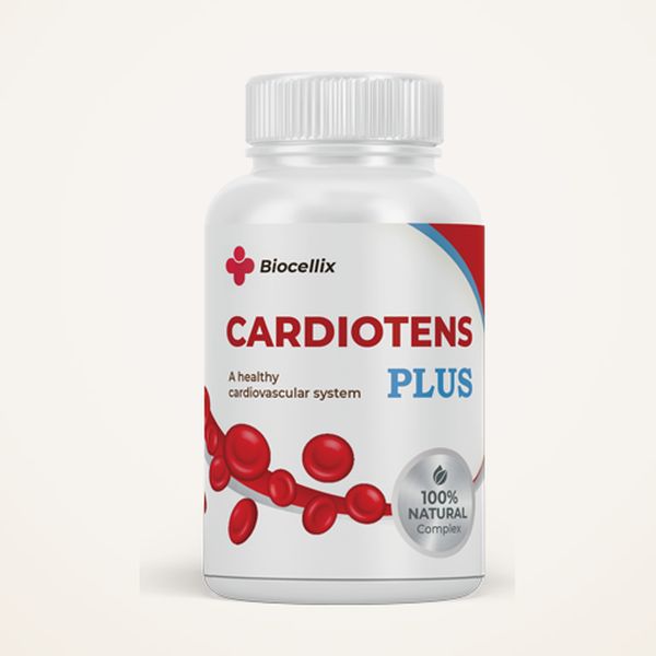 Samostatná biela dóza Cardiotens Plus s logom Biocellix a striebornou okrúhlou pečaťou na svetlom pozadí