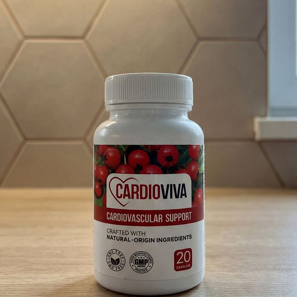 Biela fľaštička CardioViva s červenou etiketou a plodmi hlohu stojí na svetlej drevenej doske pred béžovým šesťuholníkovým obkladom