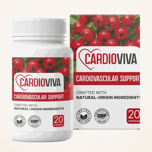 Fľaštička CardioViva pred krabičkou s rovnakým motívom červených plodov, vizualizácia na krémovom pozadí