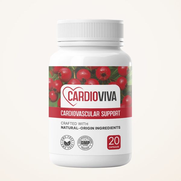 Samotná biela fľaštička CardioViva s červeným pásom na etikete, čelný záber na krémovom pozadí bez krabičky