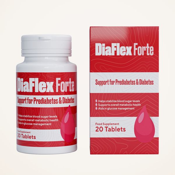 Dóza DiaFlex Forte vľavo a červená krabička s údajom 20 tablets vpravo, vizualizácia na svetlom pozadí