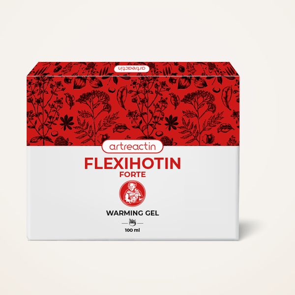 Bielo-červená krabička Flexihotin Forte s kresbami bylín, nápisom Warming Gel a údajom 100 ml