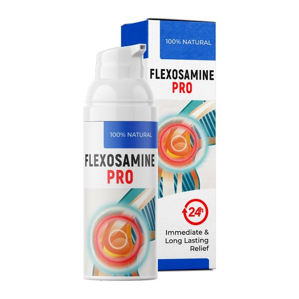 Biela fľaštička Flexosamine PRO s dávkovacou pumpičkou pred modro-bielou krabičkou, vizualizácia na bielom pozadí