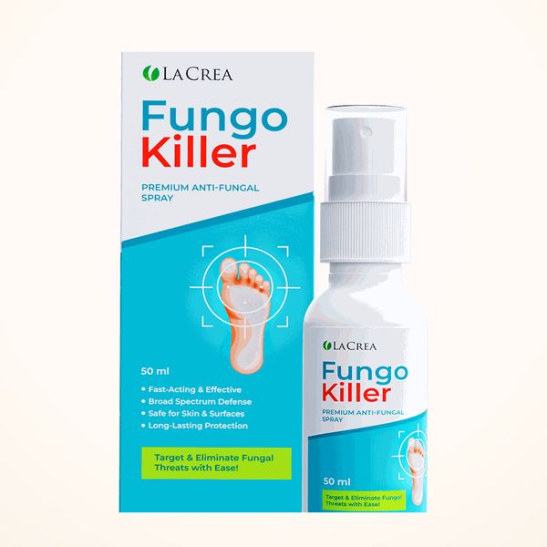 Fľaštička Fungokiller s bielym rozprašovačom postavená pred bielo-tyrkysovou krabičkou s kresbou chodidla