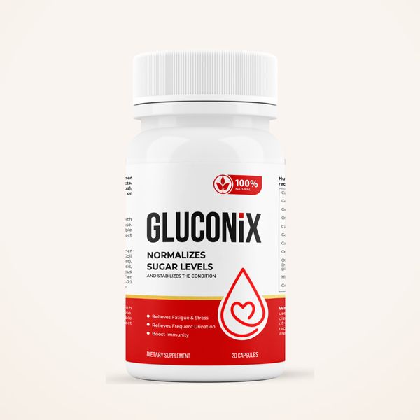 Biela dóza Gluconix s bielym uzáverom a červeno-bielou etiketou, na ktorej je kvapka so srdcom a údaj 20 capsules