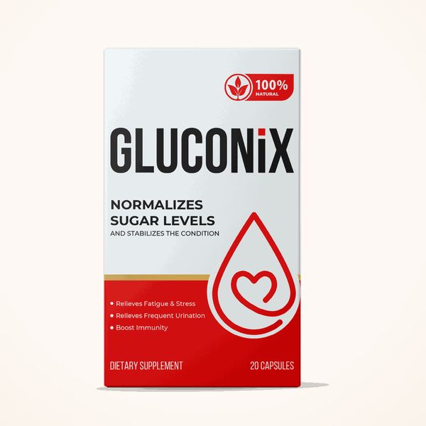 Bielo-červená krabička Gluconix spredu s kvapkou so srdcom a údajom 20 capsules na svetlom béžovom pozadí