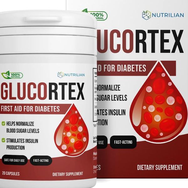 Biela dóza Glucortex s červenou kvapkou na etikete a údajom 20 kapsúl stojí pred bielo-červenou krabičkou