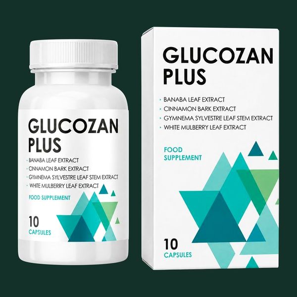 Biela fľaštička Glucozan Plus a krabička s tyrkysovými trojuholníkmi vedľa seba na tmavozelenom pozadí