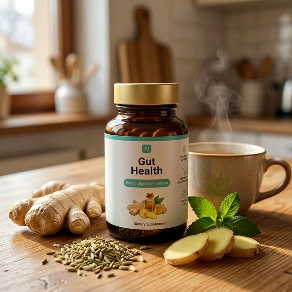 Jantárová dóza Gut Health so zlatým viečkom na drevenom kuchynskom stole, pri nej koreň zázvoru, semienka fenikla, lístky mäty a šálka čaju