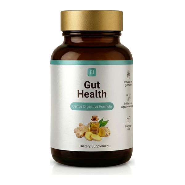 Jantárová dóza Gut Health so zlatým viečkom a striebristou etiketou s obrázkom zázvoru, čelný pohľad na bielom pozadí