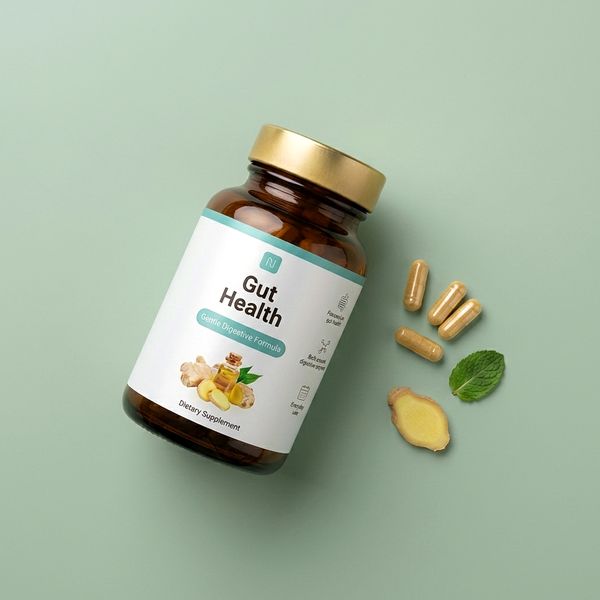 Dóza Gut Health položená šikmo na svetlozelenom podklade, vedľa nej štyri kapsuly, lístok mäty a plátok zázvoru