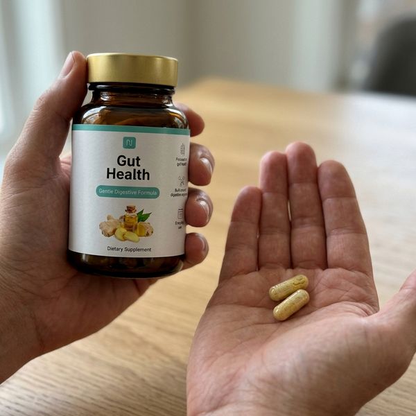 Dóza Gut Health v jednej ruke a dve žlté kapsuly na otvorenej dlani druhej ruky nad dreveným stolom