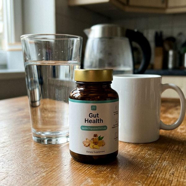 Dóza Gut Health na drevenej kuchynskej doske pred pohárom vody a bielym hrnčekom, vzadu rýchlovarná kanvica