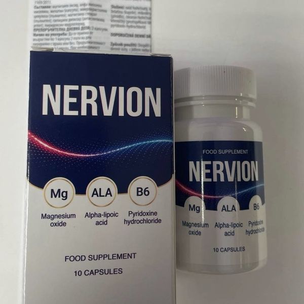 Krabička Nervion a biela dóza vedľa seba spredu, za nimi rozložený príbalový leták na bielom podklade