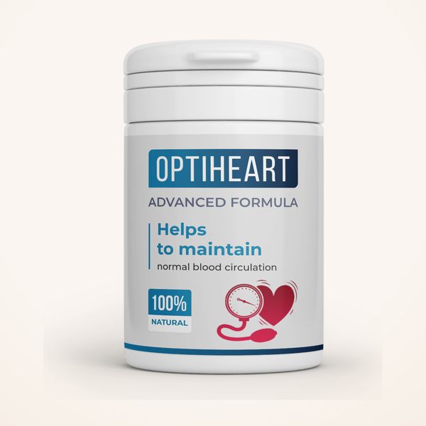 Biela dóza Optiheart s odklápacím viečkom a bielo-modrou etiketou, na ktorej je červené srdce s tlakomerom