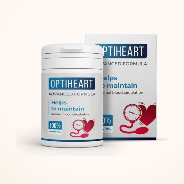 Biela dóza Optiheart postavená pred krabičkou s rovnakou grafikou, obe na svetlom béžovom pozadí