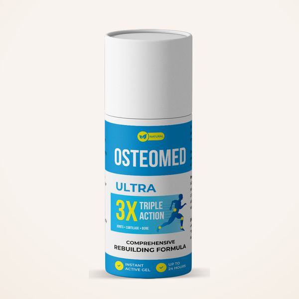 Biela fľaštička Osteomed Ultra s bielym viečkom a modrou etiketou s bežiacou postavou na krémovom pozadí