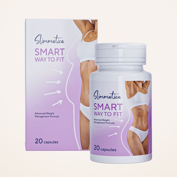 Biela dóza Slimmatica s fialovo-bielou etiketou a nápisom 20 capsules, za ňou ružovofialová krabička na svetlom pozadí