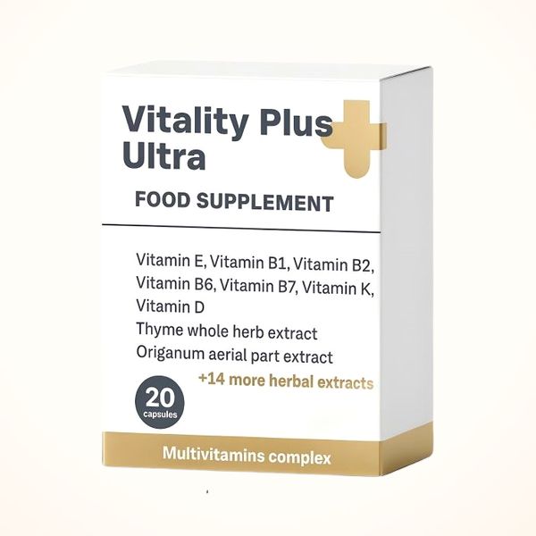 Biela krabička Vitality Plus Ultra so zlatým krížikom, zoznamom vitamínov, zlatým pruhom naspodku a údajom 20 kapsúl na krémovom pozadí